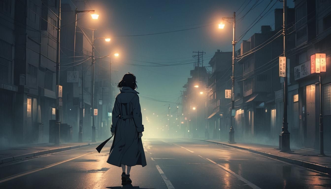 Anime Lady Walks a Foggy Road at Night