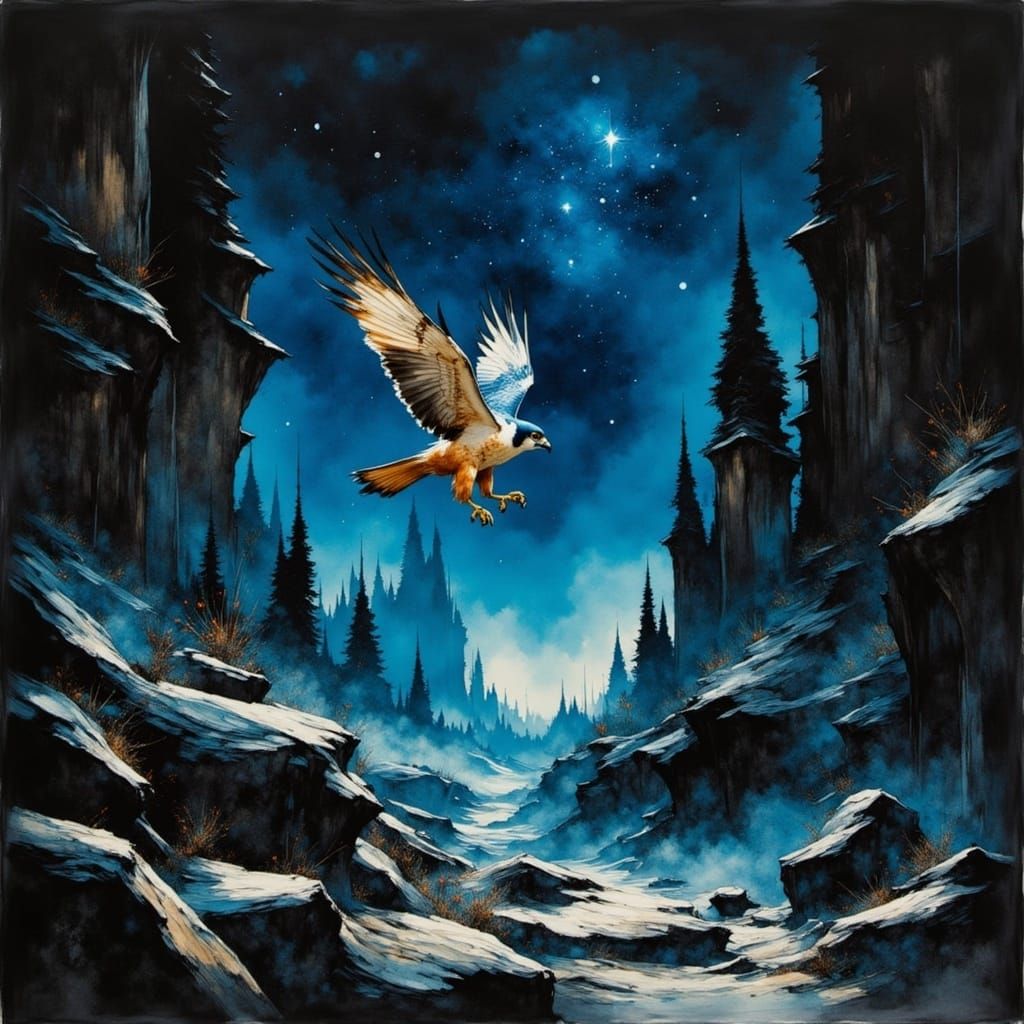 Surrealist Falcon in Whirlwind, Amidst Starry Night Sky