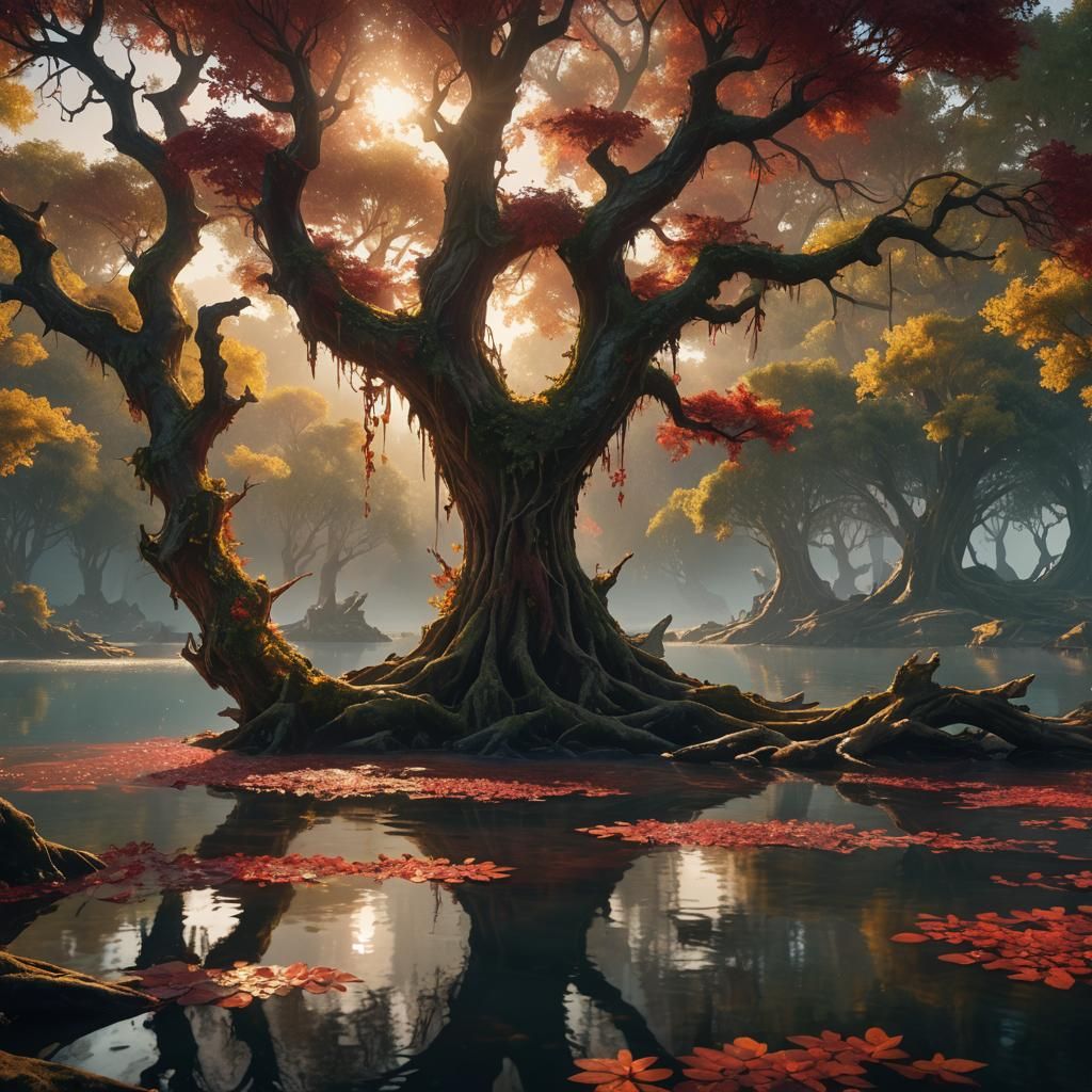 Arbousier Beside Crimson Water: Fantasy Matte Painting