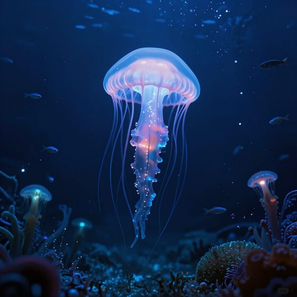 Bioluminescent Jellyfish in Abyssal Trench with Alien Flora