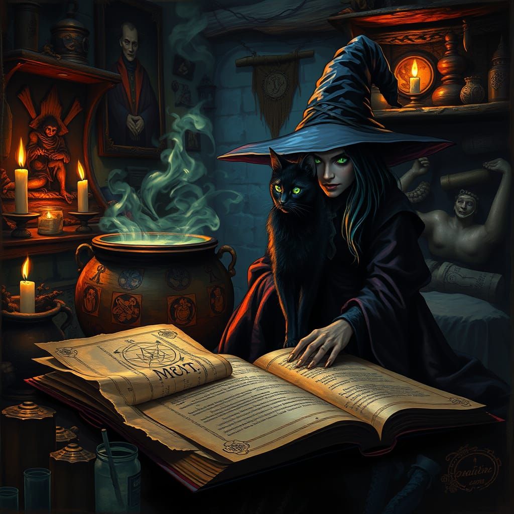 Mysterious Witch and Cat by Mystical Cauldron