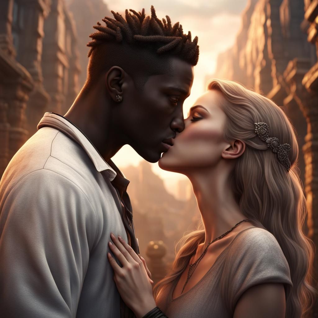 White Girl and Black Boy Kiss in Detailed Painting