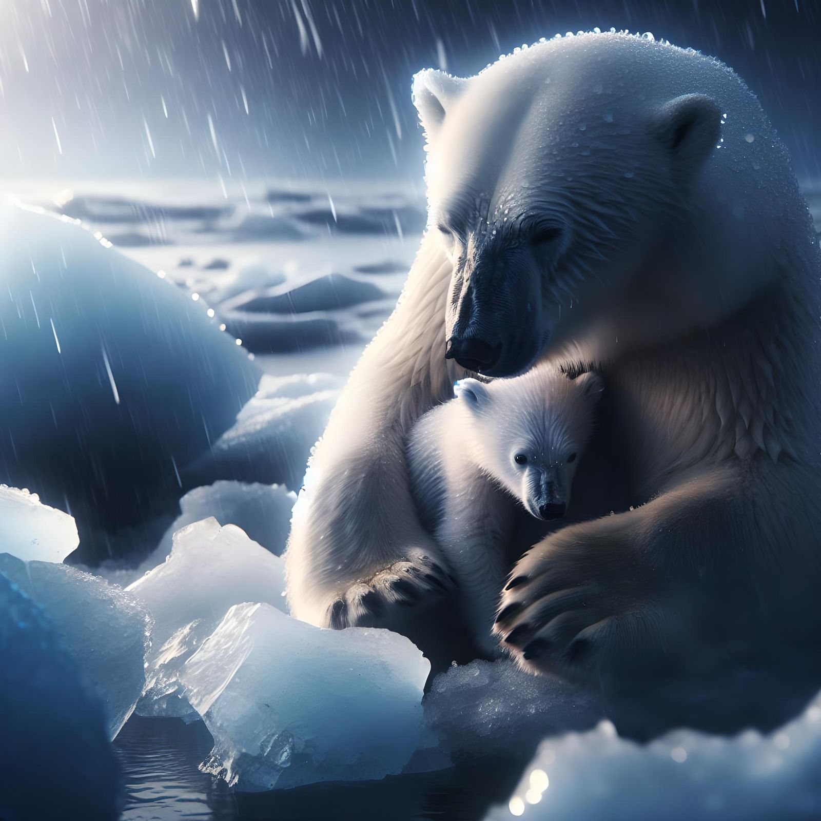 Despairing Polar Bear Mother Shelters Cub