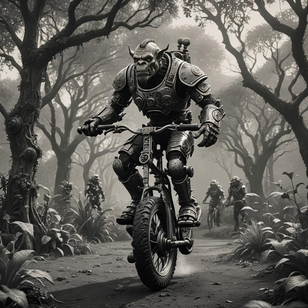 An orc flying in a garden in the past with a unicycle, ultra...