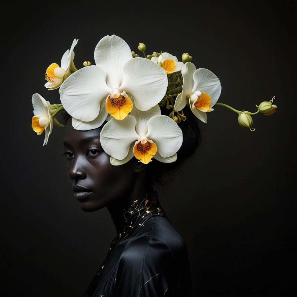 Gilded Art Nouveau Portrait with Exotic Orchids