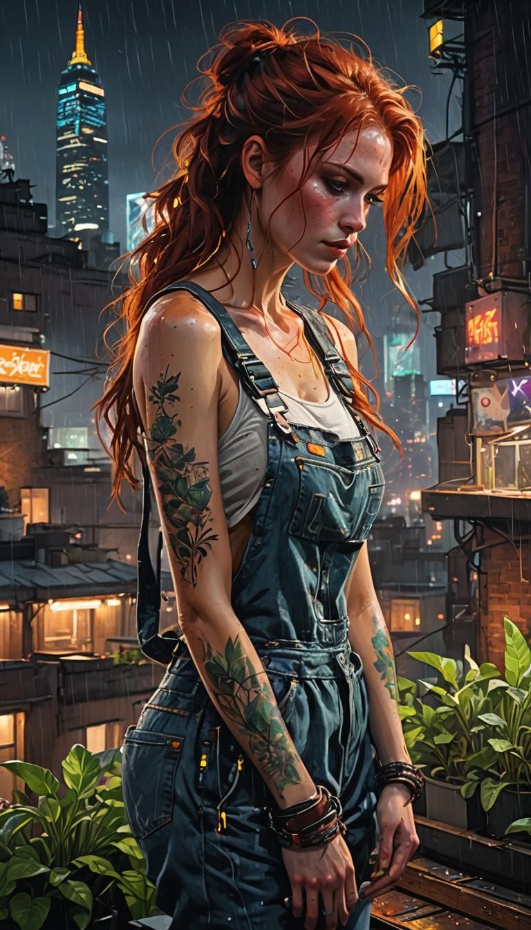 Redhead Farmgirl in Rooftop Garden, Graffiti Airbrush Style