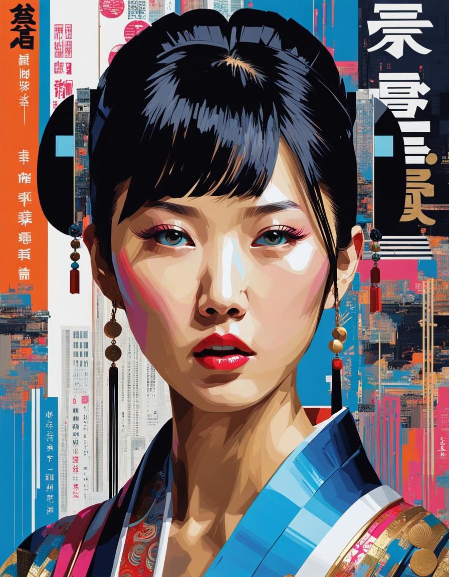Glitch Art Portrait of Young Woman with Japanese Text