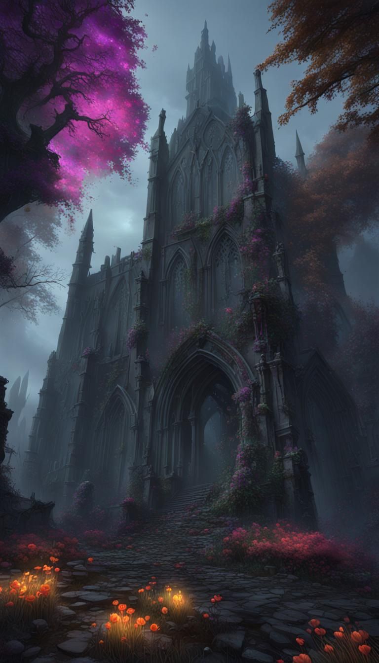 Neon Gothic Ruins with Wizard and Warriors
