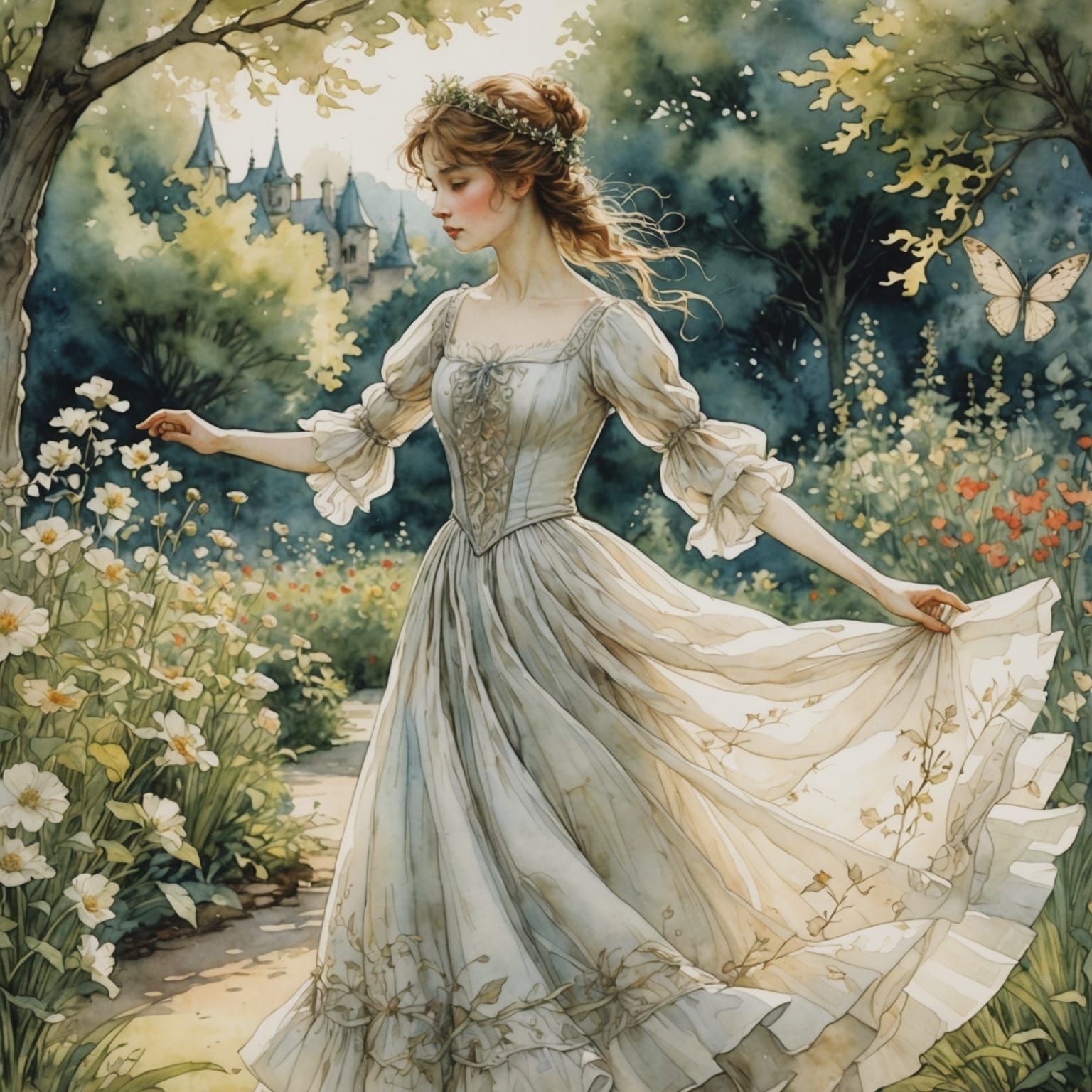 Girl Dancing in Summer Garden: Watercolor Anime Style