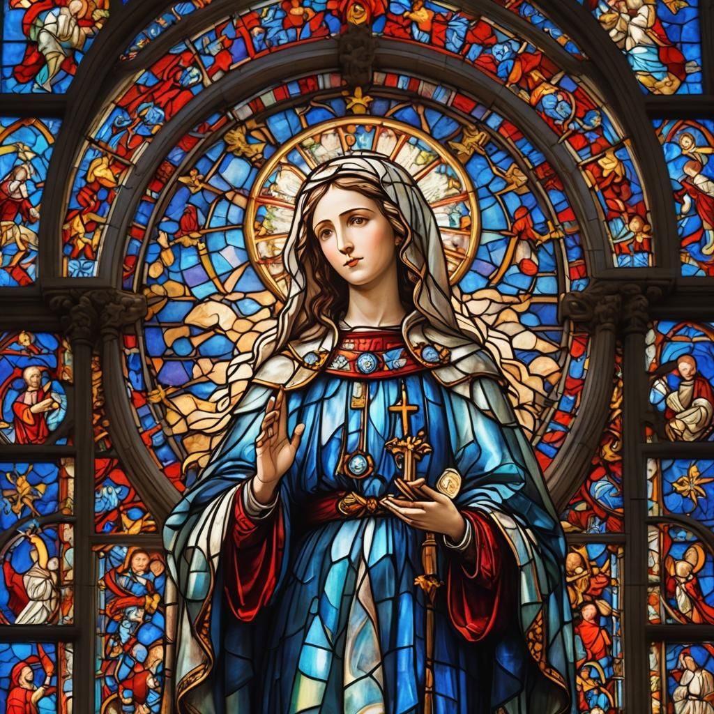 Stained Glass Holy Mary in Gothic Cathedral