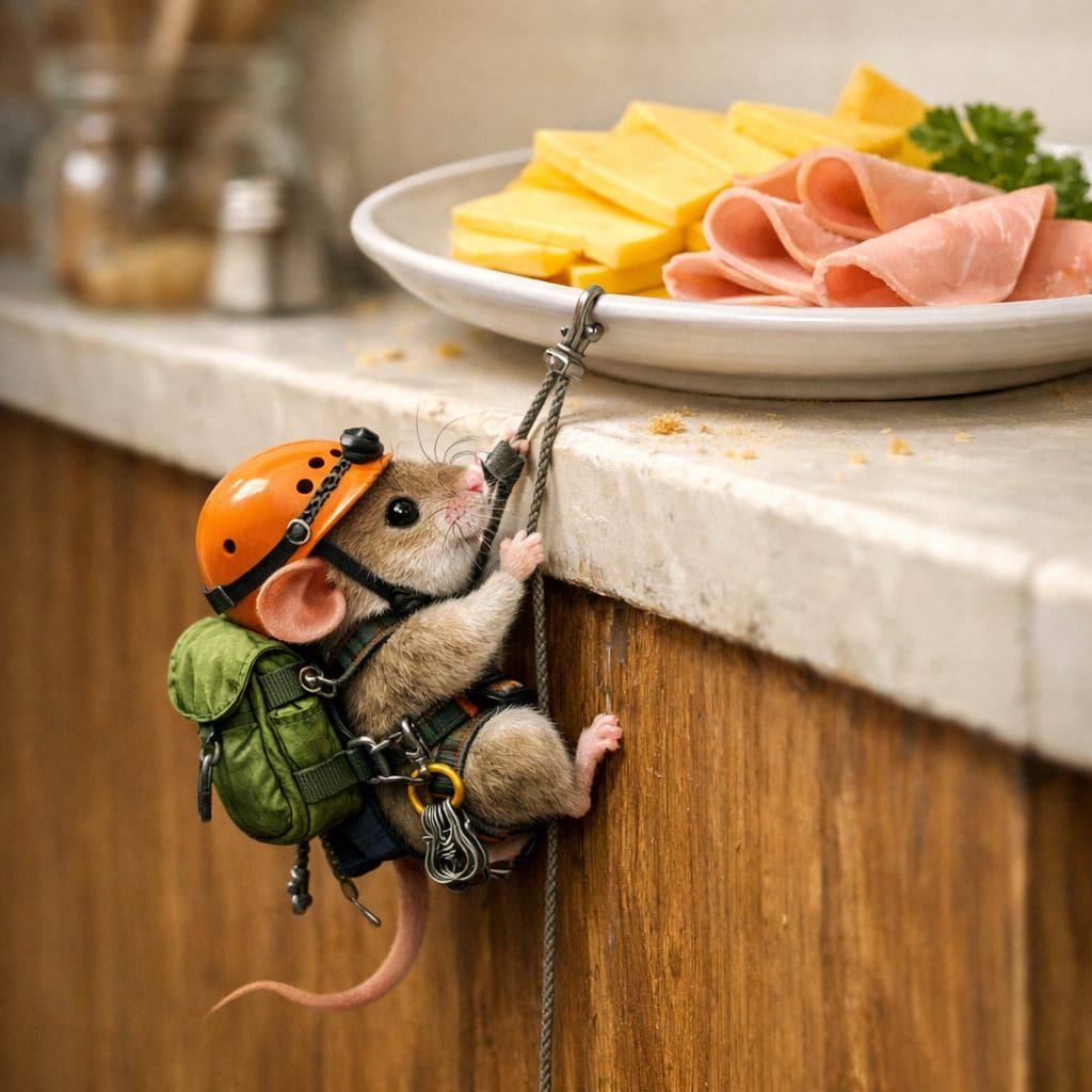 Mouse Rappels Kitchen Benchtop for Cheese and Ham