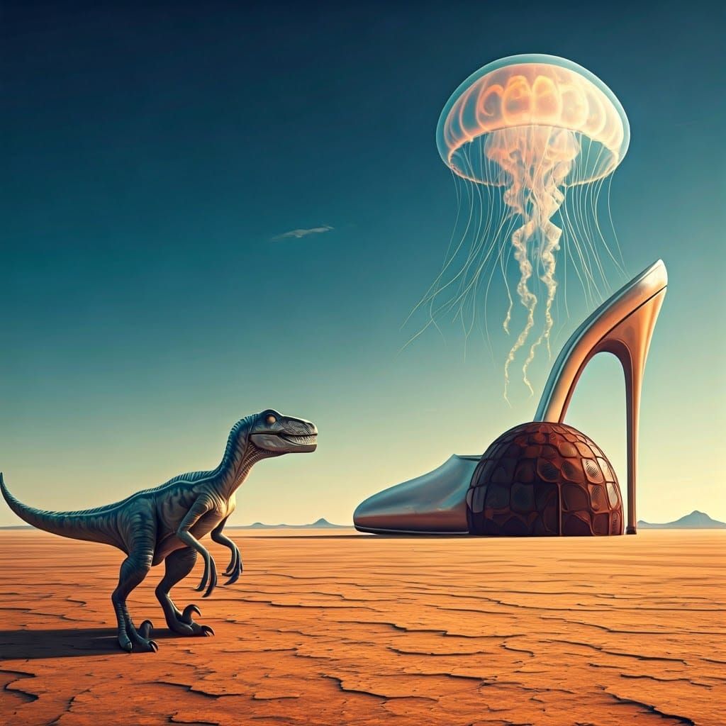 Surreal Desert Scene with Velociraptor and Jellyfish Balloon