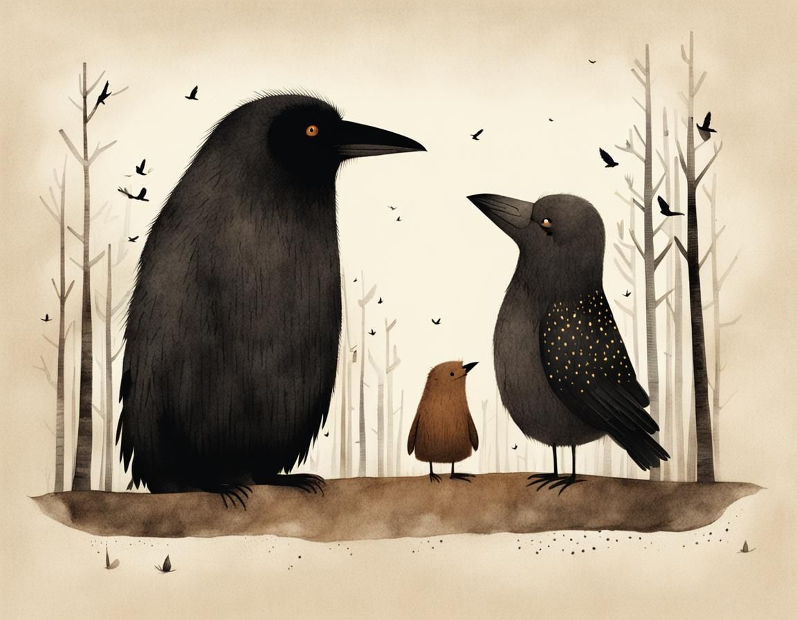 Teddy Bear and Raven in Storybook Illustration