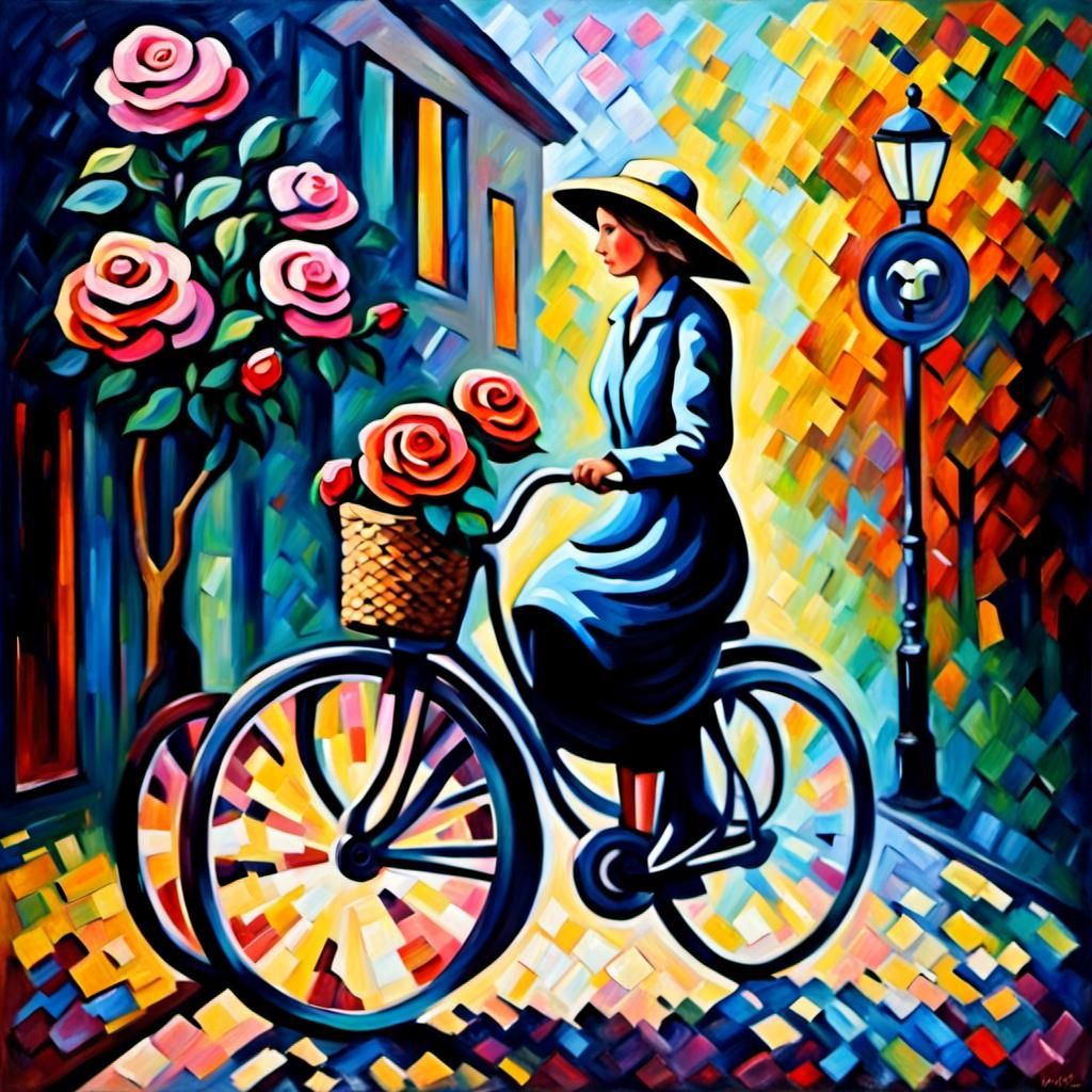 Woman with Bicycle and Rose: Impasto Oil Painting