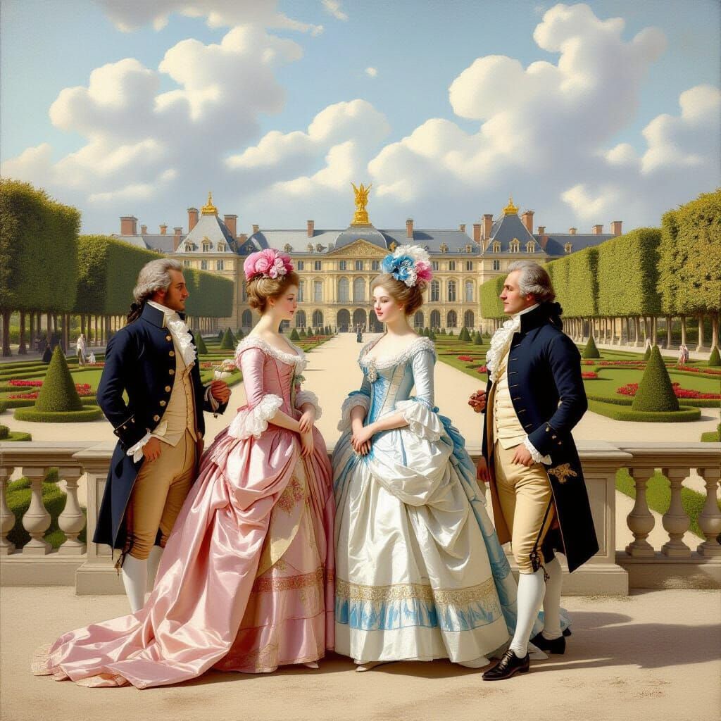 Elegant Figures in Versailles Gardens, French Classicism Sty...
