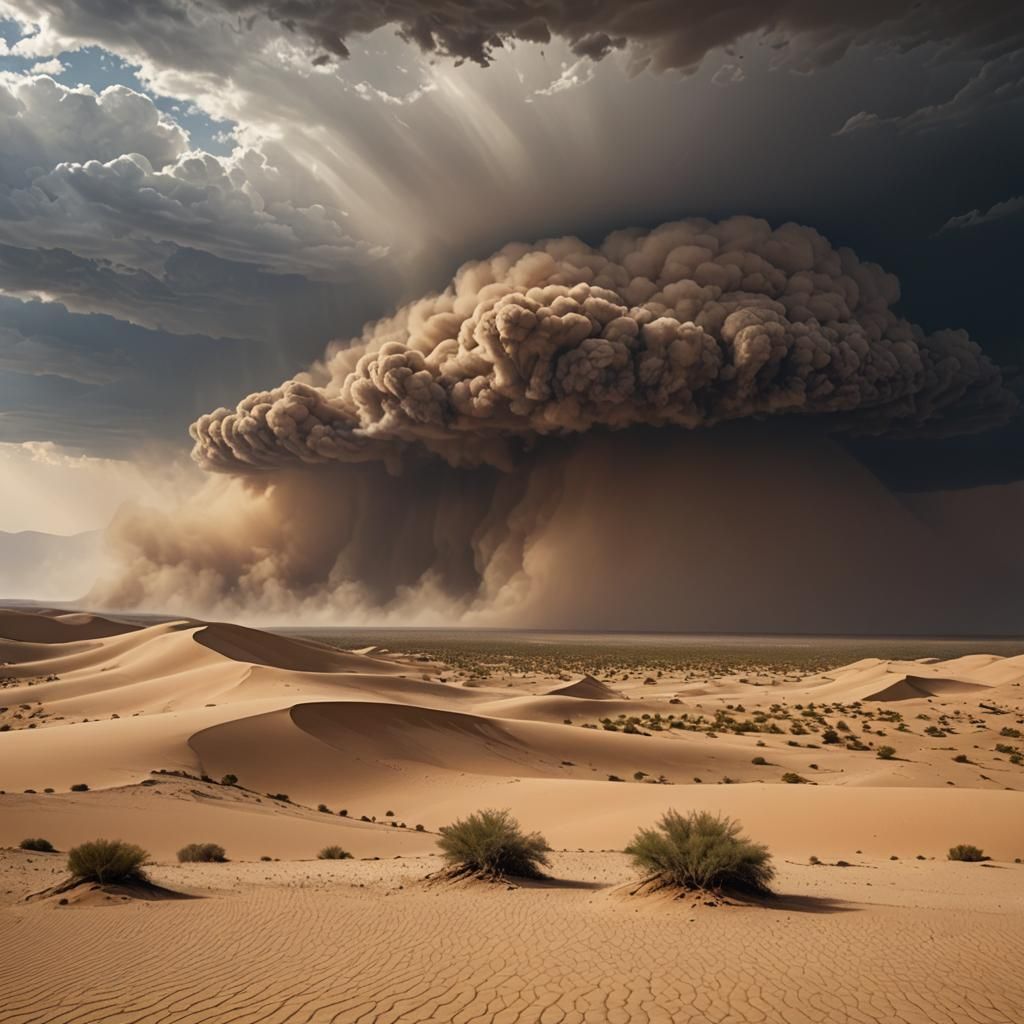 Arid Desert Sandstorm Under Black Clouds