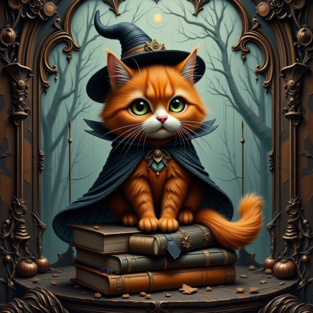 Orange Cat Witch in Moonlight, Steampunk Anthro Style