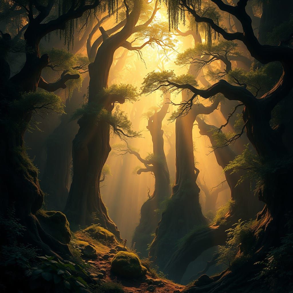 Mystical Ancient Forest in Golden Light