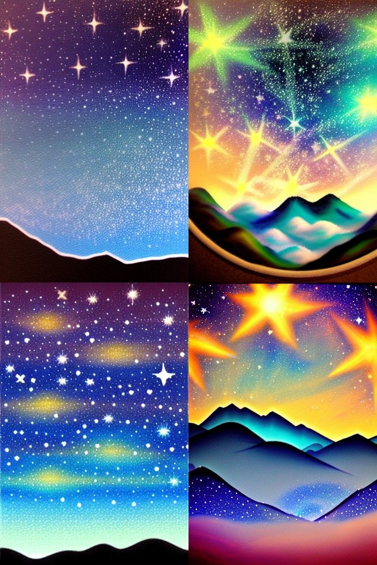 Starry Sky Among Hills in Airbrush Style