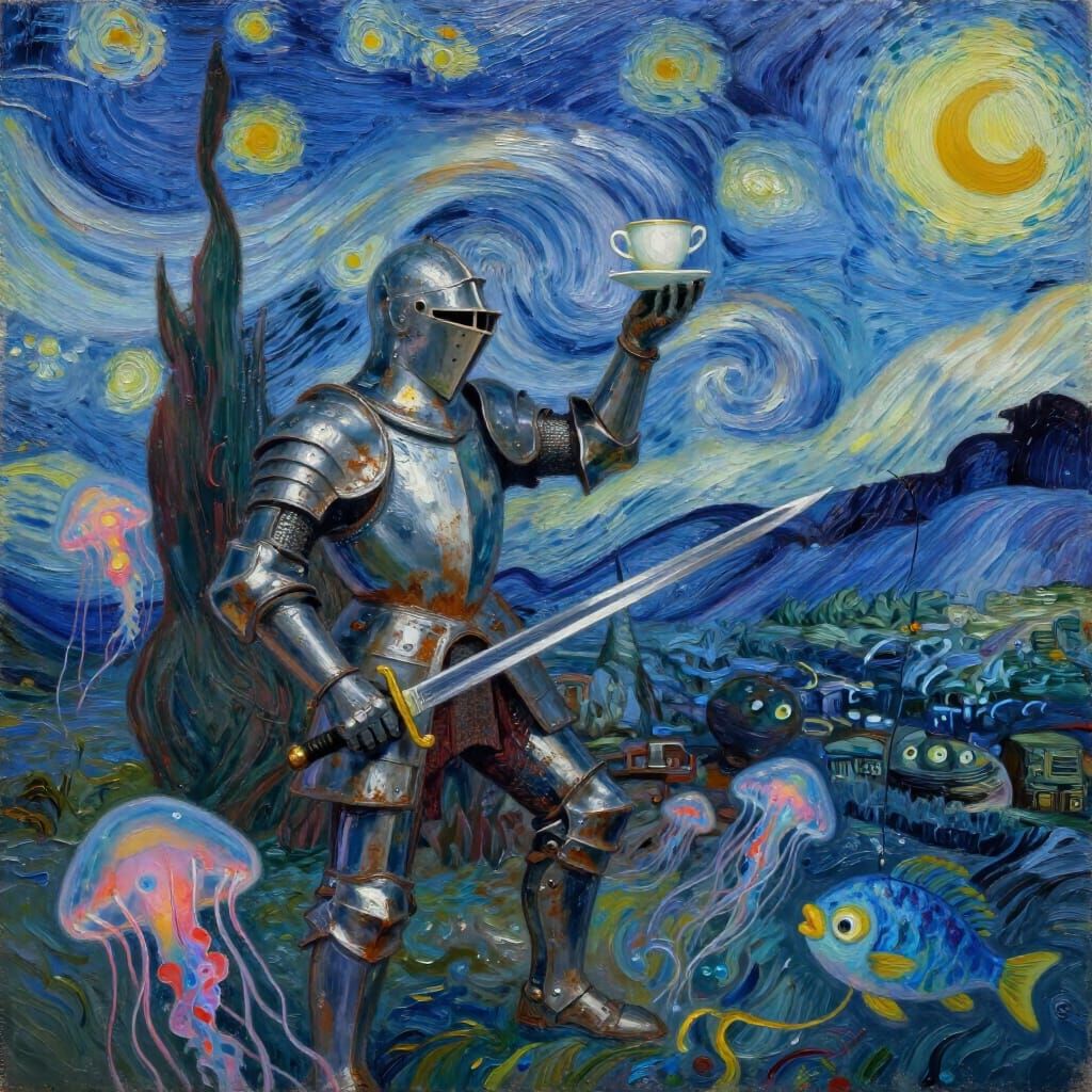 Knight Fishing with Teacup on Sword in Psychedelic Ocean