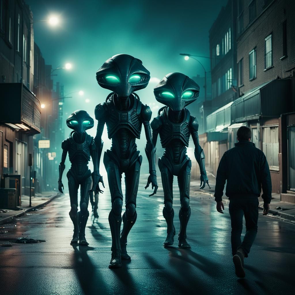 Aliens on Empty Street at Night, Cinematic Style