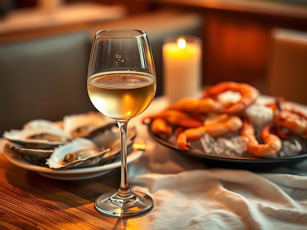 Cozy Restaurant Table with Wine and Seafood