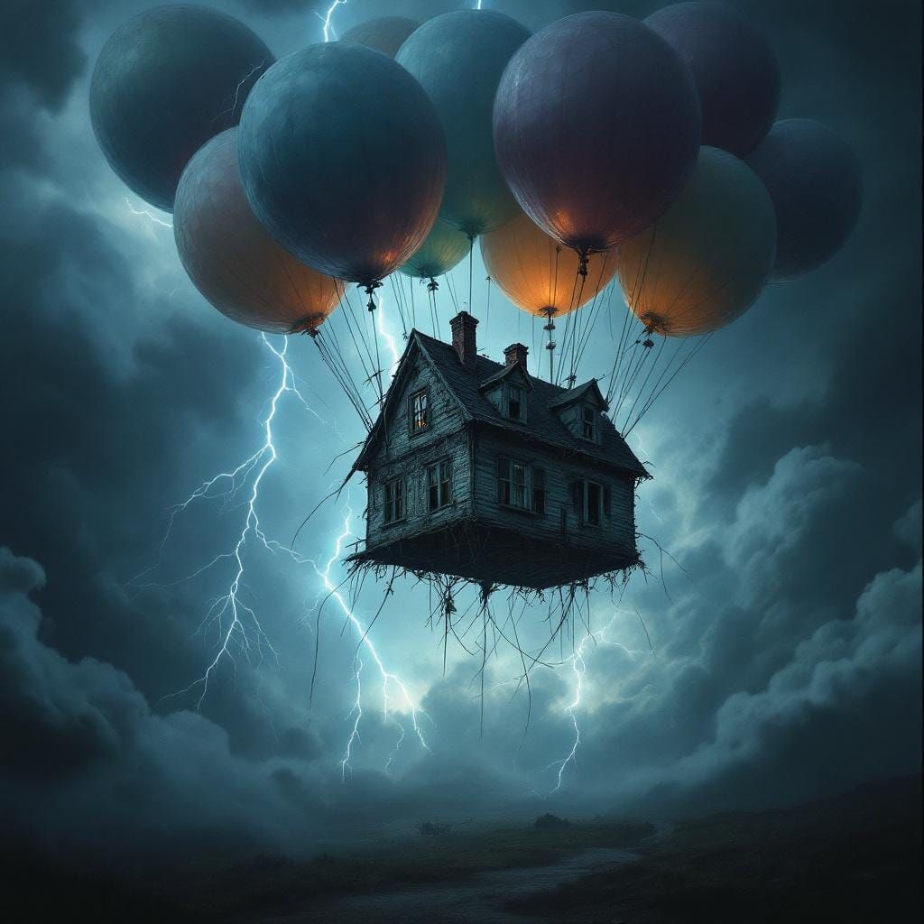 Balloons Lift House During Thunderstorm: Cinematic Still