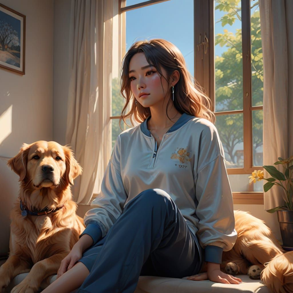 Peaceful Young Woman in Casual Homewear, Soft Light and Warm...