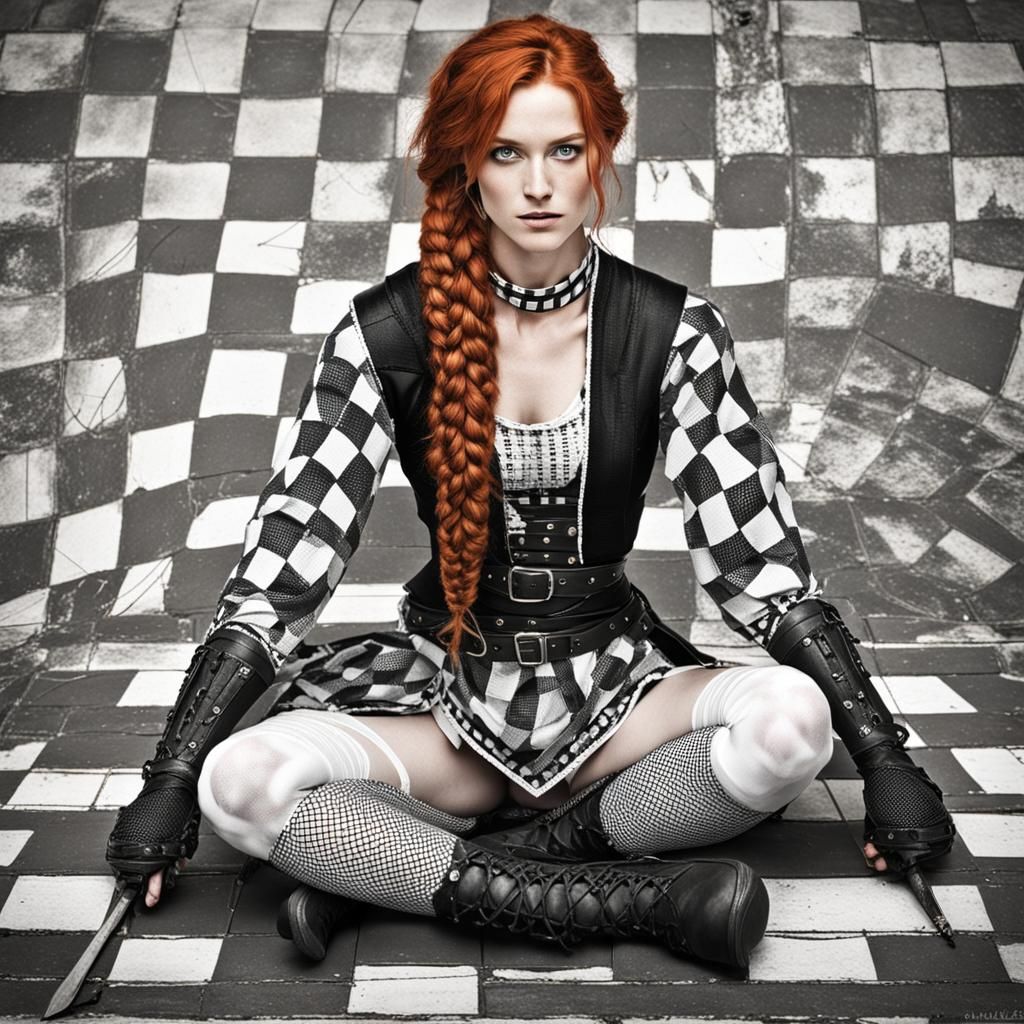 Redhead in Checkered Leotard Sitting in Swamp