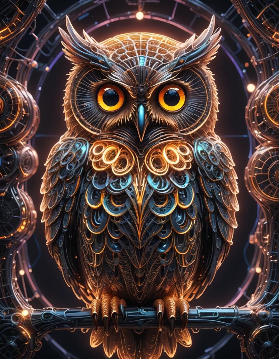 Cosmic Neon Owl with Nebulous Eyes