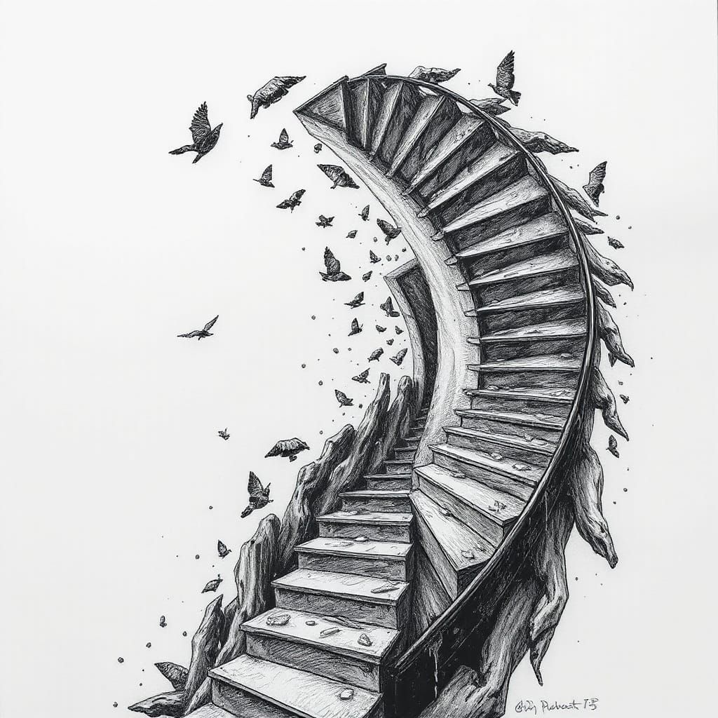 Surreal Pointillist Spiral Staircase in Vortex Collapse