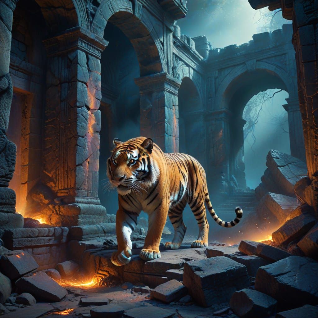 Spectral Tiger Prowls Ancient Ruin in Painterly Style