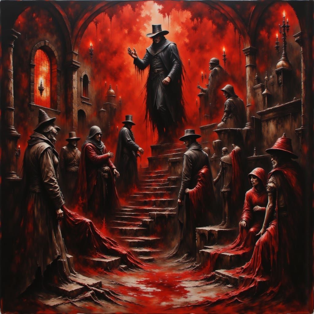 A dramatic <lora:Darkness bright:1.0> scene from Shakespeare's The tempest, featuring Prospero, Caliban, Miranda, Ariel ...