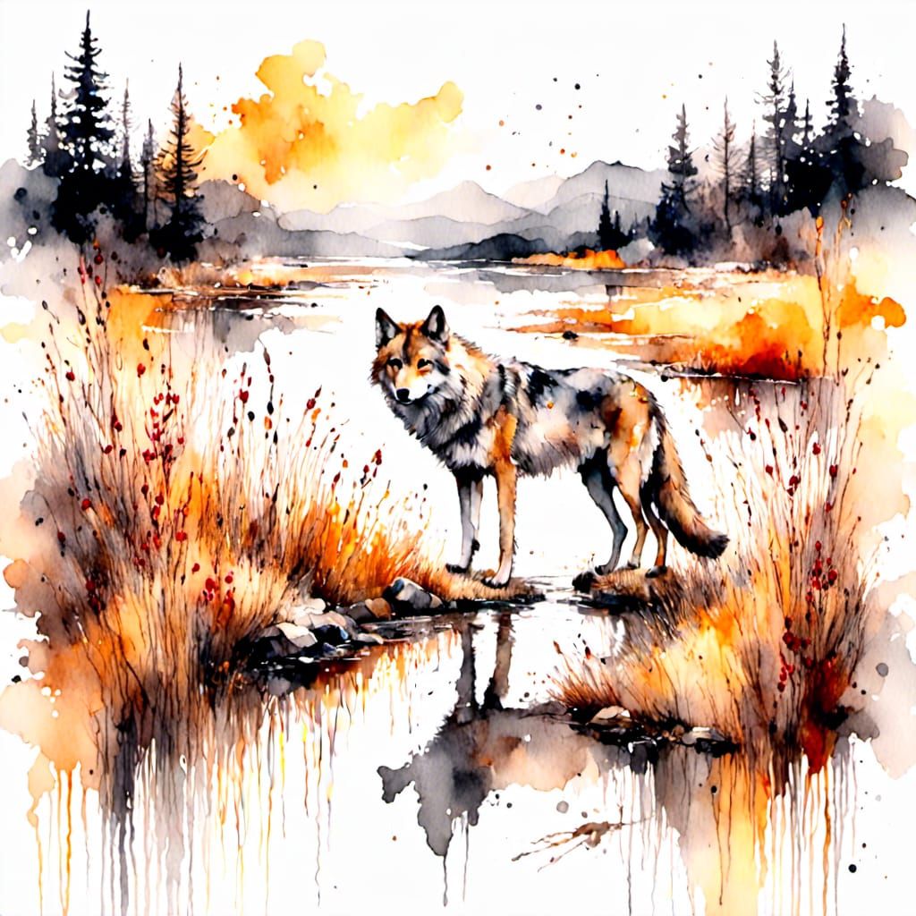 Wolf in Colorful Field with Brook: Color Splash Effect