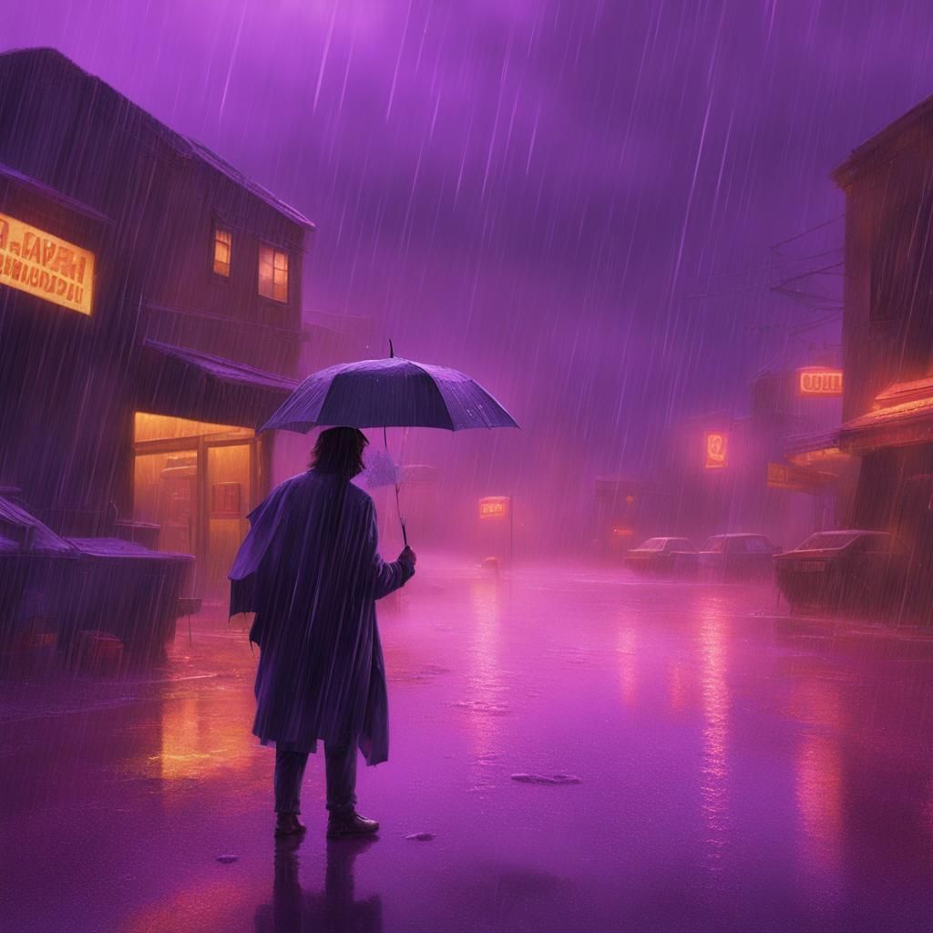 Laughing Figure in Neon Purple Rain: Digital Matte Painting