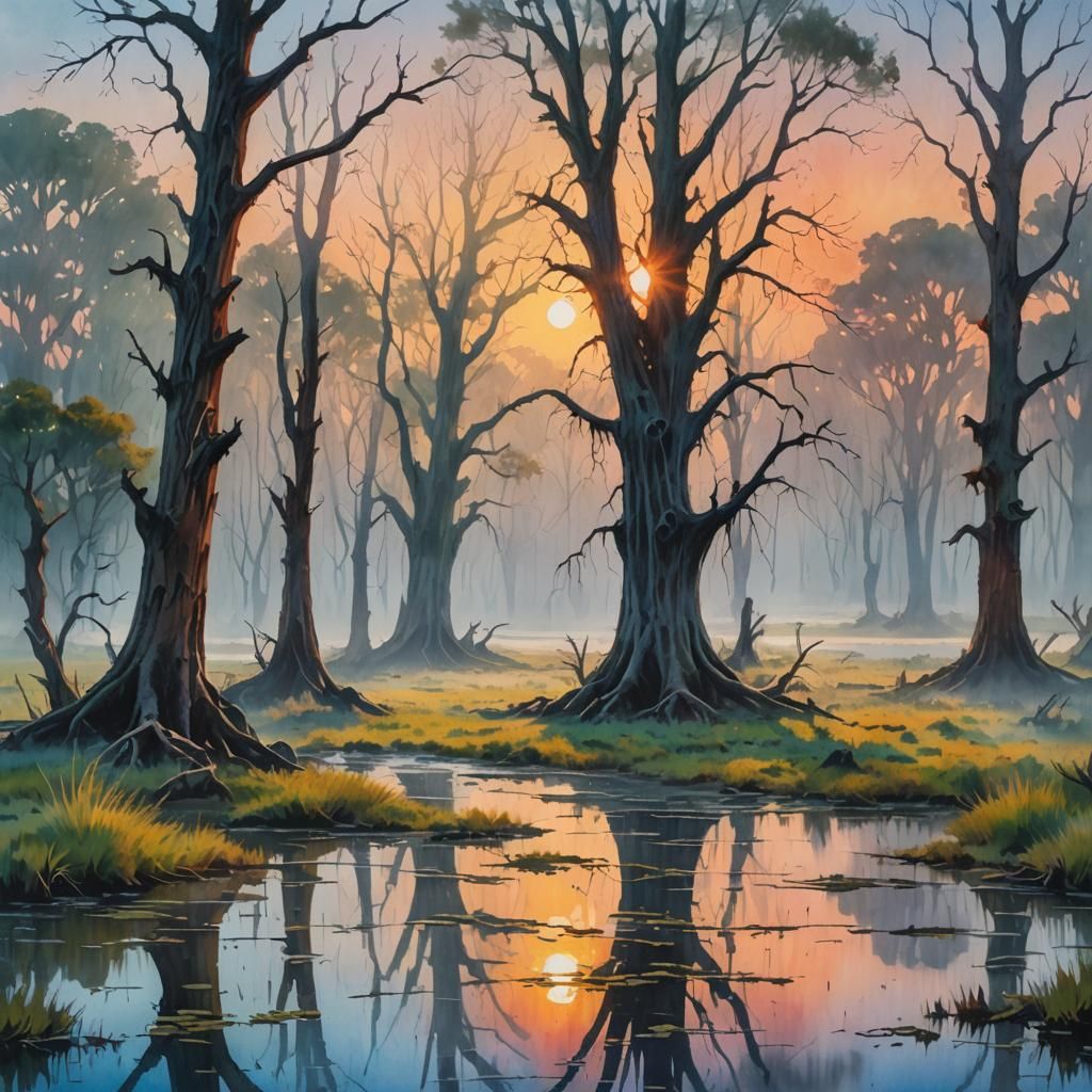 Misty Marshland Sunrise in Gouache Watercolor Style