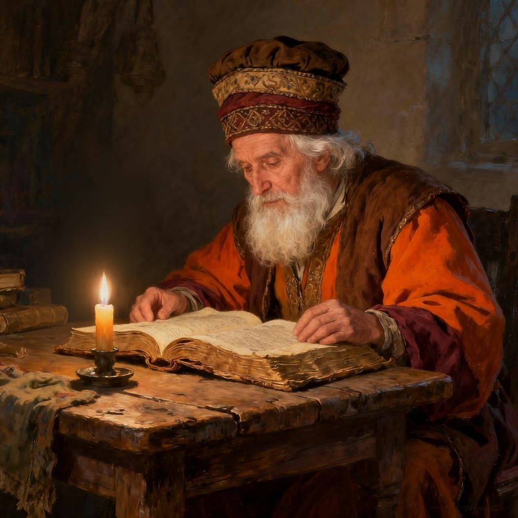 Aged Scholar Studies Ancient Tome with Owl Companion