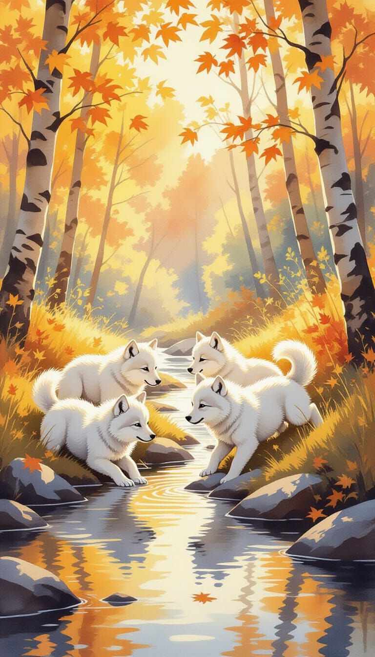 Watercolor Wolf Pups in Autumn Forest