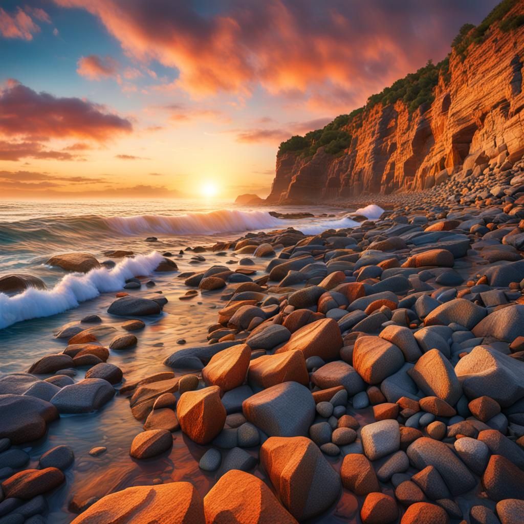 Sunset on Rocky Beach: Hyperrealistic Professional Photograp...