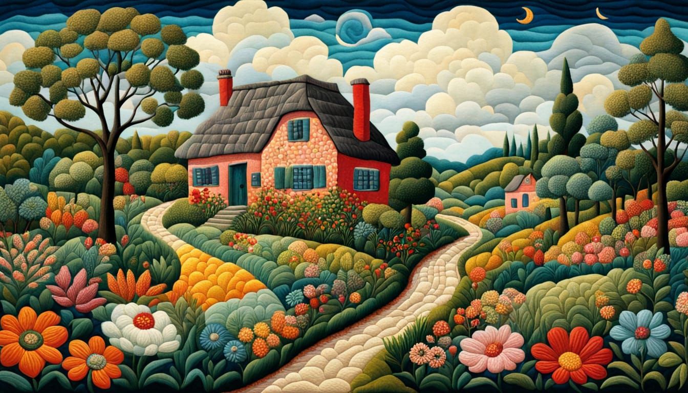 Whimsical Patchwork Landscape in Impressionist Quilting Styl...