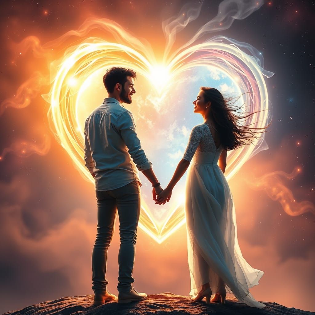 Couple Standing at the Edge of a Glowing Heart-Shaped Portal