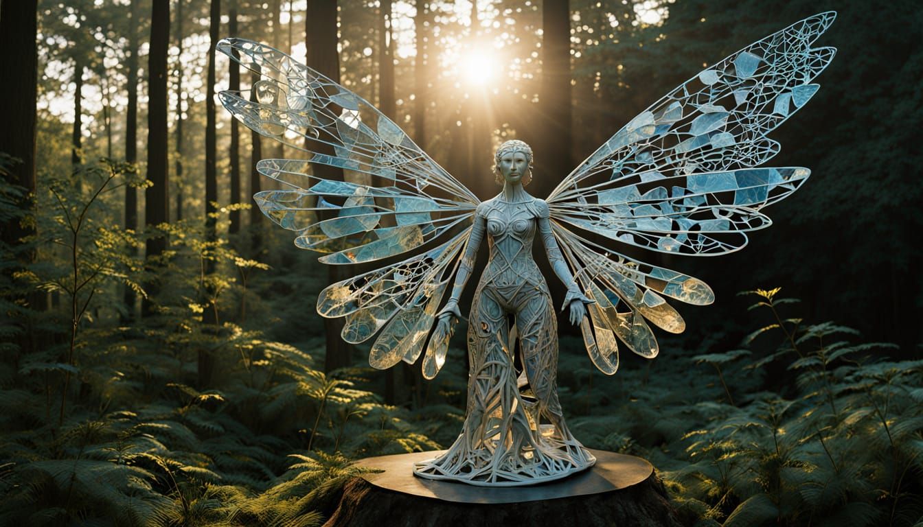 Surreal Goddess Blossoms in Whimsical Forest Scene with Wing...