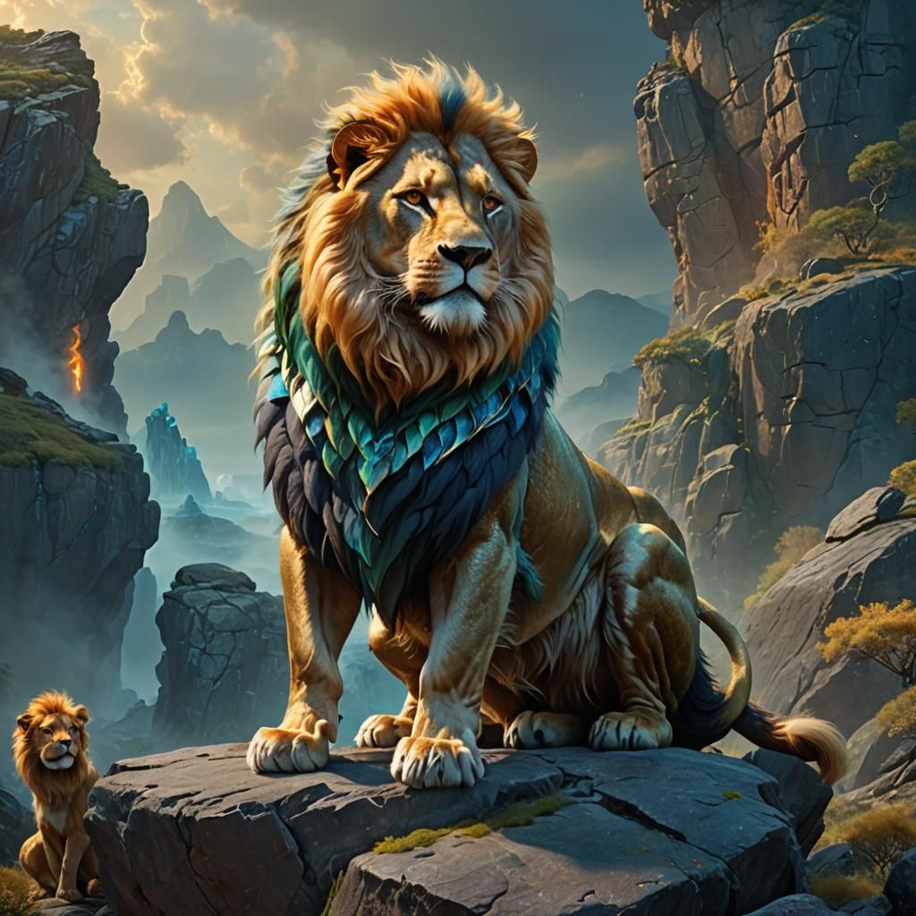 Majestic Lion-Dog-Dragon Hybrid on Ancient Rocks