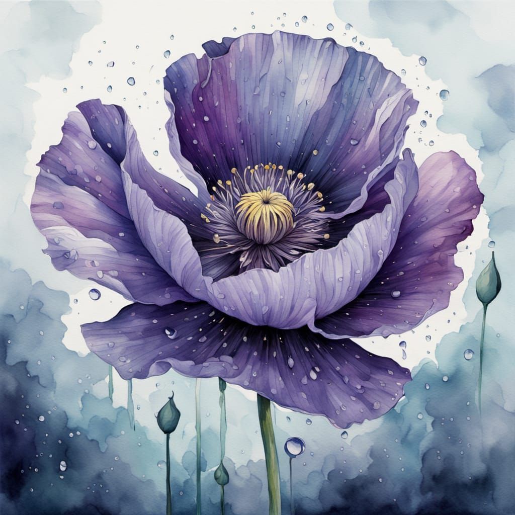 Ethereal Watercolor Purple Poppy in Moonlight