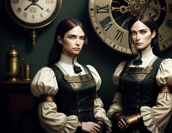 Steampunk Twins in Time Machine: Dark Fantasy Concept