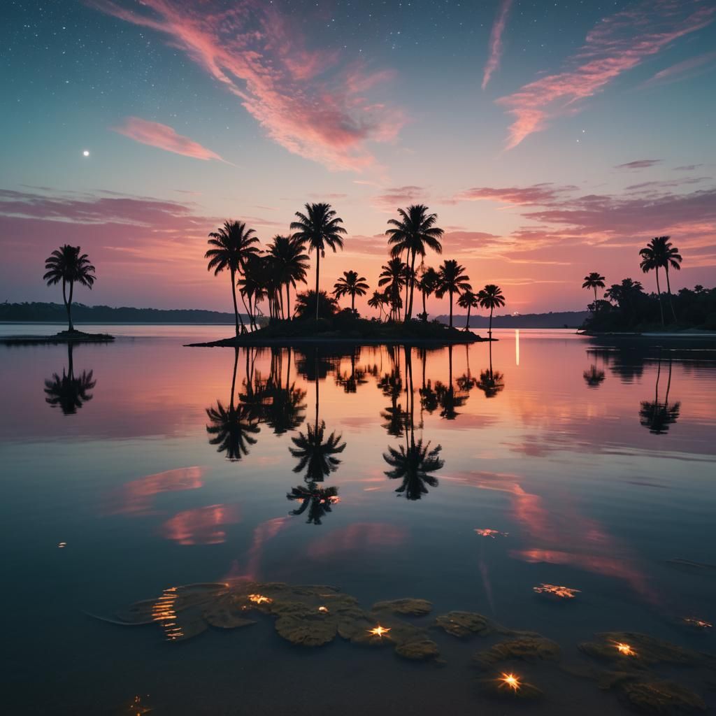 Alien Planets Reflect on Tranquil Tropical Shore