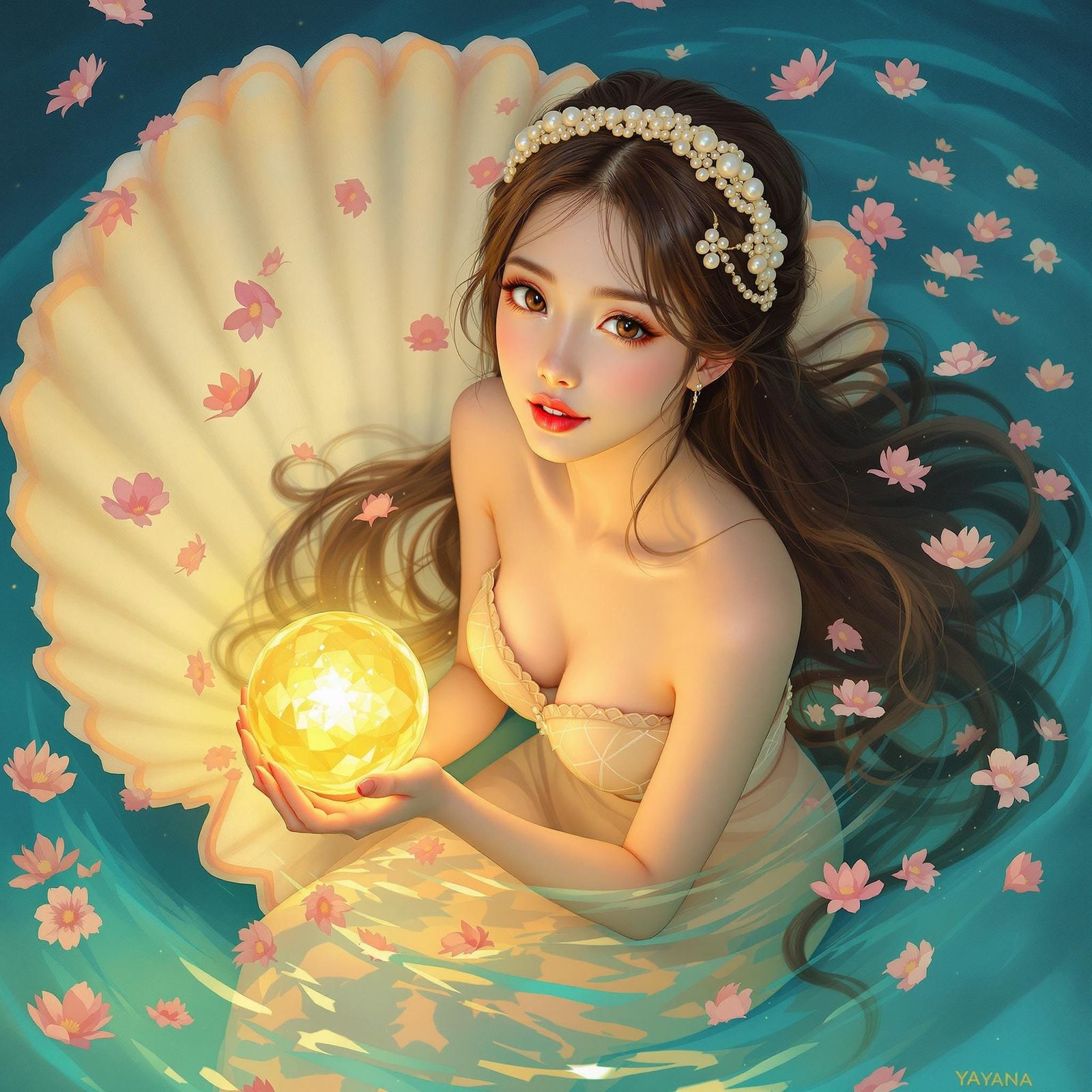 Serene Asian Woman with Pearl Headband, Painterly Style