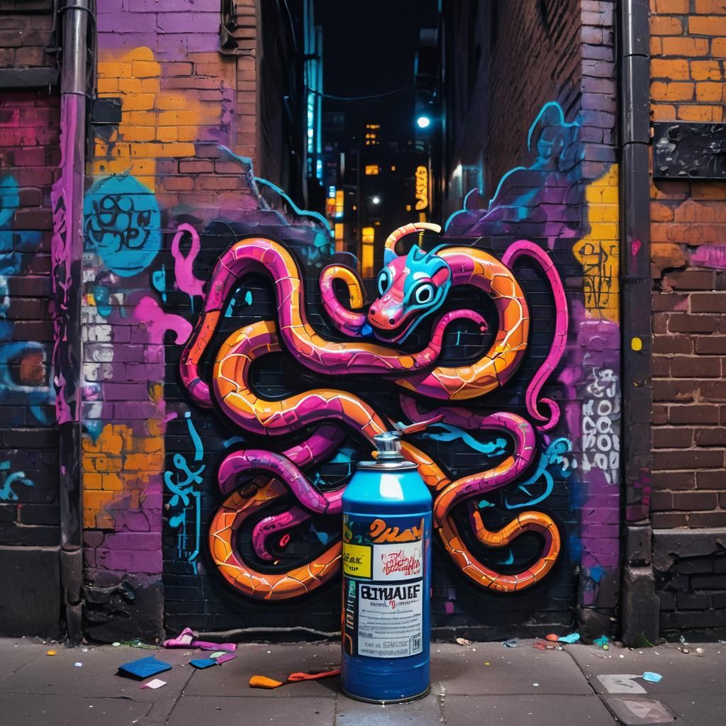 Neon Snake Street Art in Neo-Expressionist Style