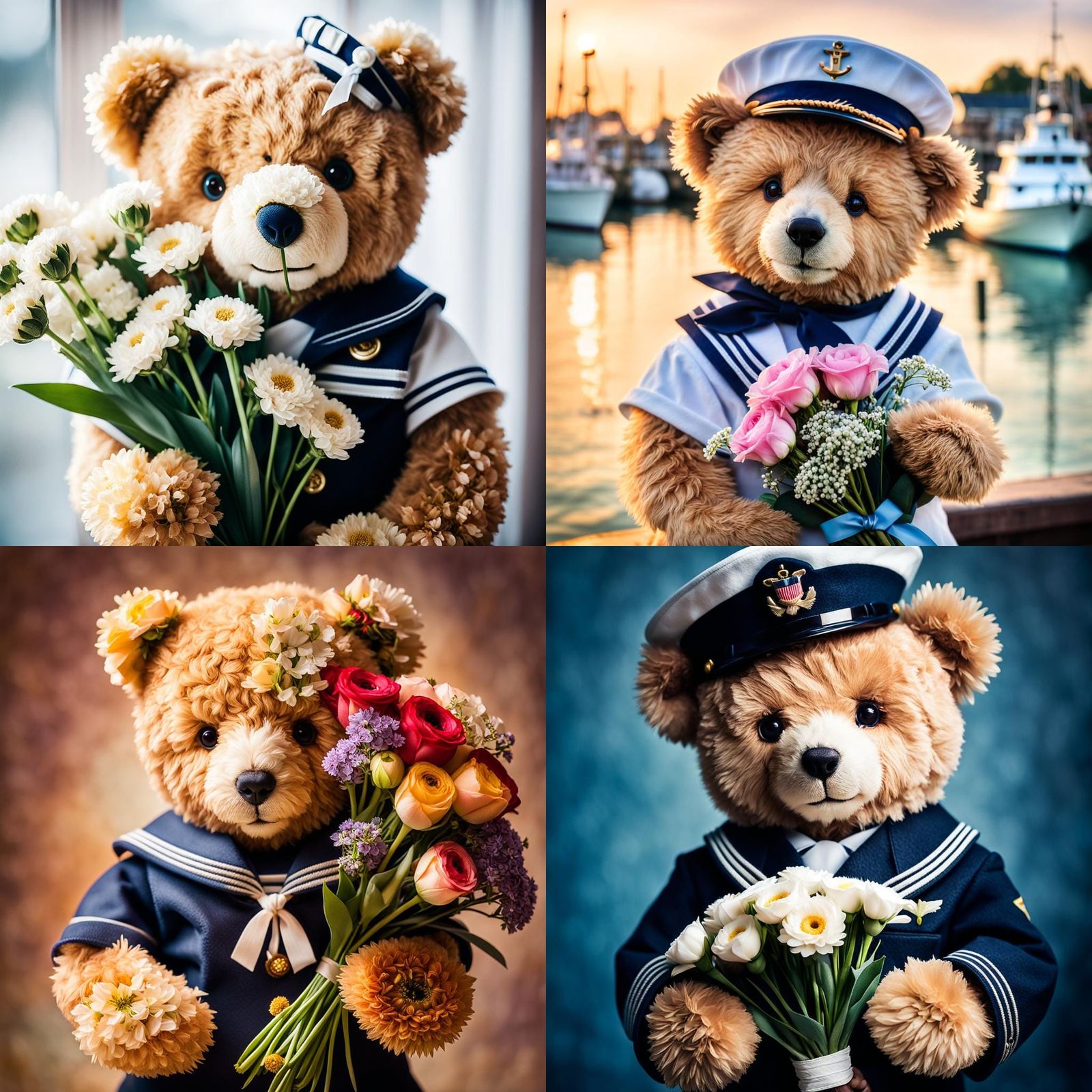 Sailor Teddy Bear with Flowers Portrait