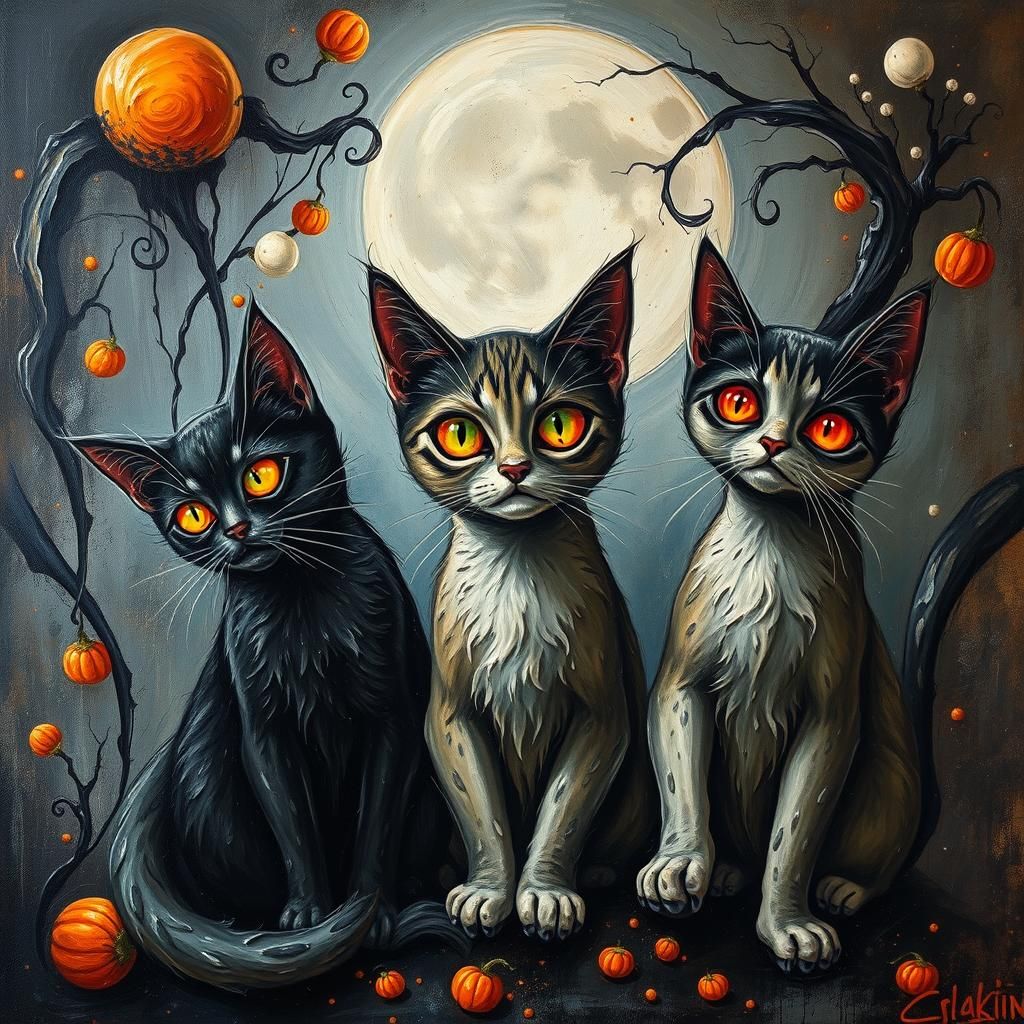 Halloween Cats Melting in Surreal Impasto Dreamscape